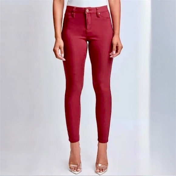 Jc & Jq Denim - JC & JQ High Waist Faux Leather Stretch Skinny Jeans Burgundy Red Skinny Pants